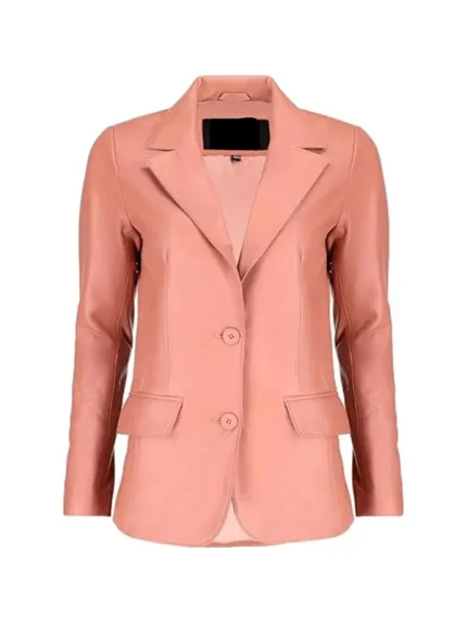 This image shows the back of the Pink Leather Blazer, highlighting the smooth leather surface and neat tailoring. The shaping seams give it a fitted, feminine look that sits well on the waist and shoulders.