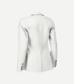Back angled view of womens white leather blazer with fitted seams and buttoned cuffs.