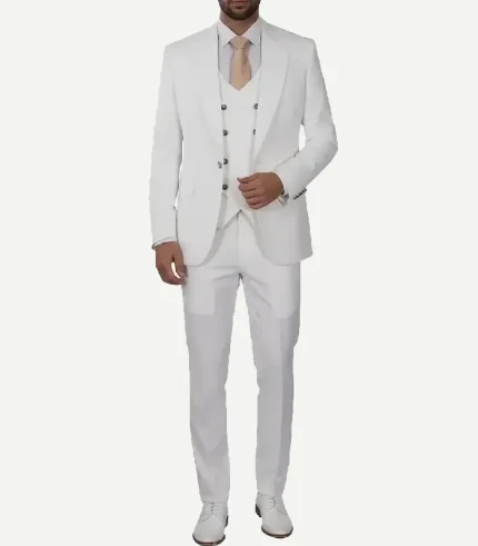 A Mens Antonio Peak Lapel Off White 3 Piece Suit designed for a polished and high-quality wedding look.