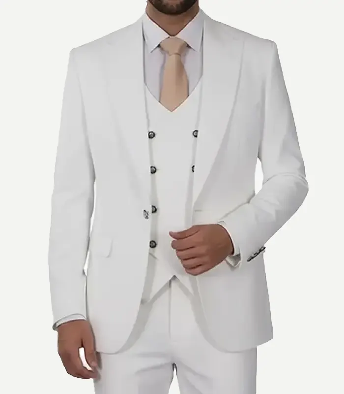 Front view of a Mens Antonio Peak Lapel Off White 3 Piece Suit showing the detailed stitching and vest.