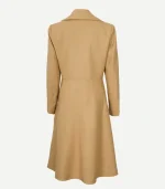 Beige Double Breasted Wool Trench Coat featuring a classic wide lapel and high-quality buttons in a soft oatmeal finish.