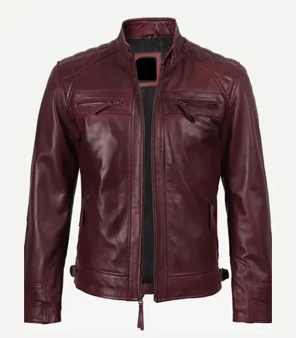 Biker Style Burgundy Leather Jacket featuring a premium wine-toned finish and a high-status tailored silhouette for a sharp cinematic profile.