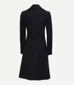 Black Double Breasted Wool Trench Coat in a premium onyx finish featuring a classic ten-button front and matching waist belt.