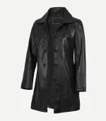 Black Leather Car Coat in a premium onyx finish with a classic mid-length silhouette and a professional button closure.