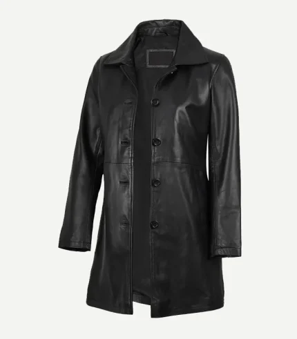 Black Leather Car Coat in a premium onyx finish with a classic mid-length silhouette and a professional button closure.