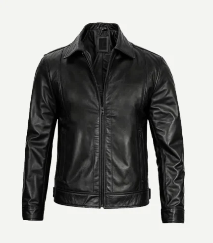 Front view of a sleek black leather jacket featuring a classic pointed collar, full-zip closure, vertical side pockets, and a tailored, contemporary fit.
