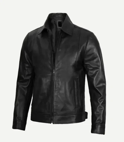 Front view of a sleek black leather jacket featuring a classic pointed collar, full-zip closure, vertical side pockets, and a tailored, contemporary fit.