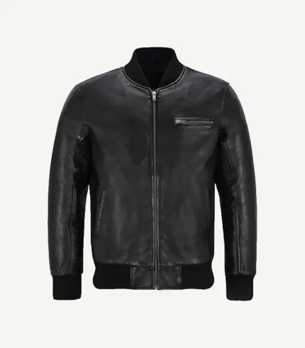 Black Leather Bomber Jacket highlighting the sleek minimalist design and reinforced stitching for long-lasting wear.