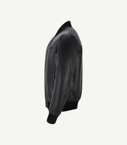 Black Leather Bomber Jacket in a premium men's cut with integrated utility pockets and a soft-touch texture.