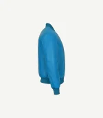 Blue Leather Bomber Jacket featuring a deep sapphire finish and premium rib-knit trimmings for a high-status look.