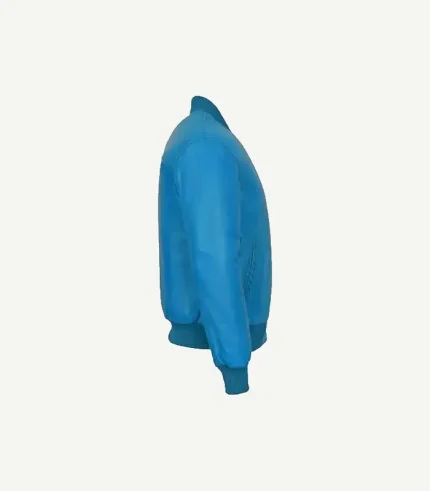 Blue Leather Bomber Jacket featuring a deep sapphire finish and premium rib-knit trimmings for a high-status look.