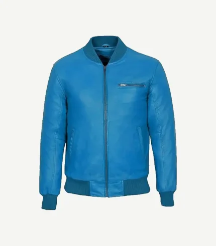 Blue Leather Bomber Jacket featuring a sleek navy finish and a premium tailored silhouette for a high-status profile.