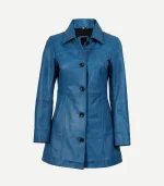 Womens Blue Leather Car Coat showing a front view with a sharp spread collar and high-quality, durable tonal stitching.