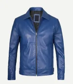 Full front view of a tailored blue leather jacket, mostly zipped, highlighting the clean lines, silver hardware, and matching blue collar.