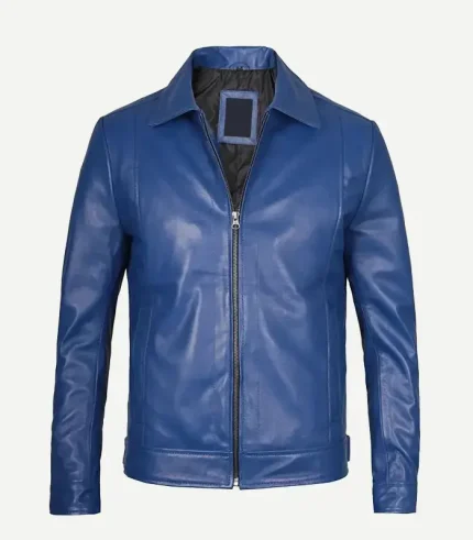 Full front view of a tailored blue leather jacket, mostly zipped, highlighting the clean lines, silver hardware, and matching blue collar.