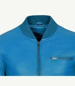 Blue Leather Bomber Jacket showcasing a vibrant royal blue hue and a classic aviation-inspired design with metallic hardware.