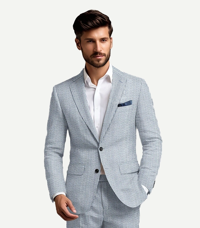 Front view of a Blue Seersucker Style Suit showing the detailed stripe design and lightweight texture.