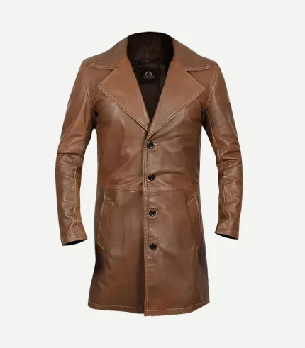 Men Brown Leather Car Coat showing a front button closure and a sharp spread collar for a timeless, rugged appearance.