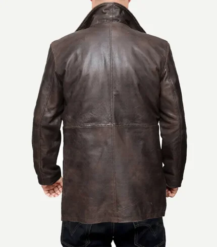 Brown Leather Duster Coat for men showing the detailed spread collar and heavy-duty stitching for lasting durability.