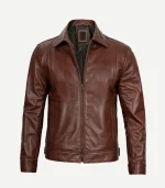 Front view of a rich brown leather jacket with a high-shine finish, featuring symmetrical vertical chest seams and side pockets.
