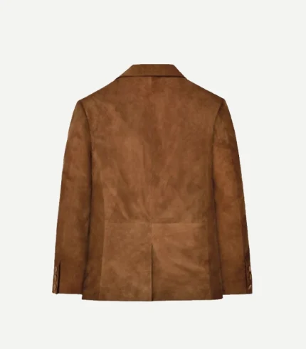 Mens Brown Suede Leather Blazer featuring sharp notch lapels and high-quality stitching on a soft suede surface.