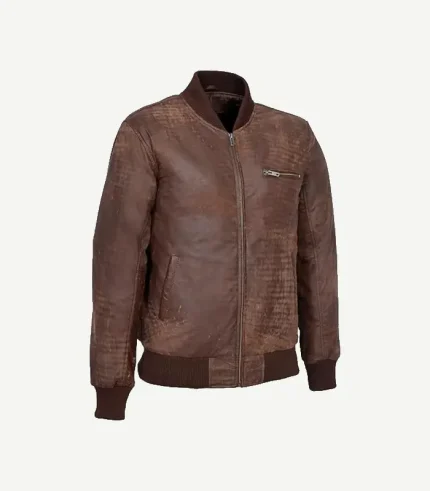 Brown Leather Bomber Jacket in a comfortable athletic cut with elasticated trimmings and premium insulated lining.
