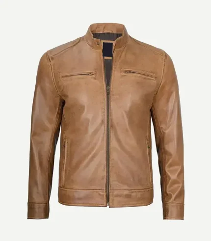 Front view of a camel brown leather jacket with a distressed, rub-off finish. It includes a band collar with a button closure, a central silver zipper, and two side-entry waist pockets.