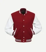 A centered front view of a cardinal (maroon) varsity jacket with white leather sleeves. The jacket is secured with white snap buttons and features white-trimmed side pockets.