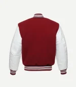 The rear view of the cardinal jacket, showing a solid maroon back panel. The white leather sleeves and the striped ribbed waistband provide a sharp contrast to the darker wool.