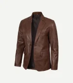 A Mens Cognac Leather Blazer with a smooth, polished surface and high-quality stitching for a refined silhouette.