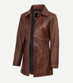 Womens Cognac Leather Car Coat in a rich amber-brown finish featuring a mid-length cut and a polished button-down front.