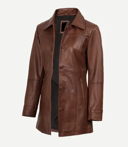 Womens Cognac Leather Car Coat in a rich amber-brown finish featuring a mid-length cut and a polished button-down front.