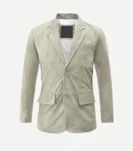 Mens Cream Suede Leather Blazer in a subtle beige tone showing the detailed notch lapels and structured silhouette.