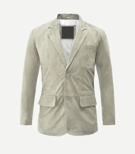 Mens Cream Suede Leather Blazer in a subtle beige tone showing the detailed notch lapels and structured silhouette.