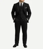 Front view of a Darius Mens Notch Lapel 3 Piece Black Wool Suit designed with a modern, slim silhouette.