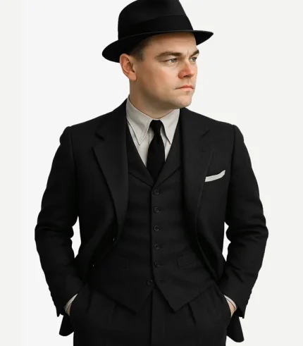 A Darius Mens Notch Lapel 3 Piece Black Wool Suit featuring a smart jacket, vest, and trousers.