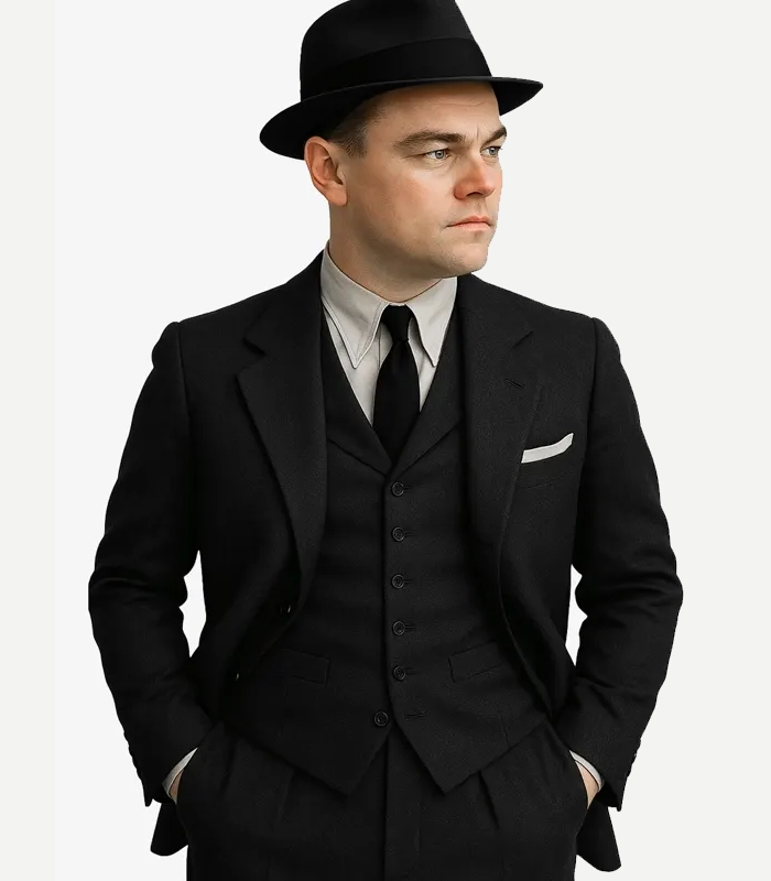 A Darius Mens Notch Lapel 3 Piece Black Wool Suit featuring a smart jacket, vest, and trousers.