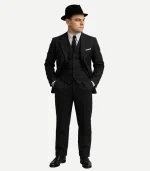 Close up of a Darius Mens Notch Lapel 3 Piece Black Wool Suit showing the soft wool texture and clean stitching.