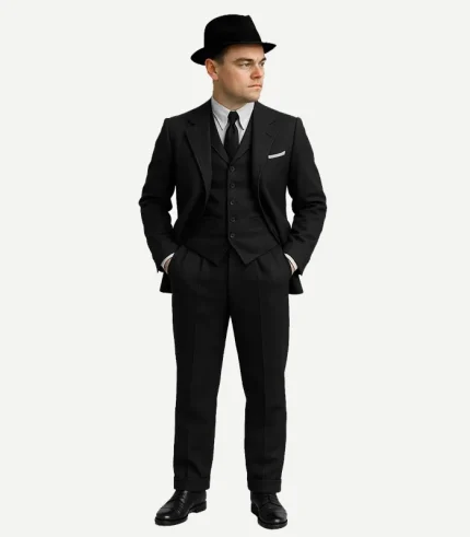 Close up of a Darius Mens Notch Lapel 3 Piece Black Wool Suit showing the soft wool texture and clean stitching.