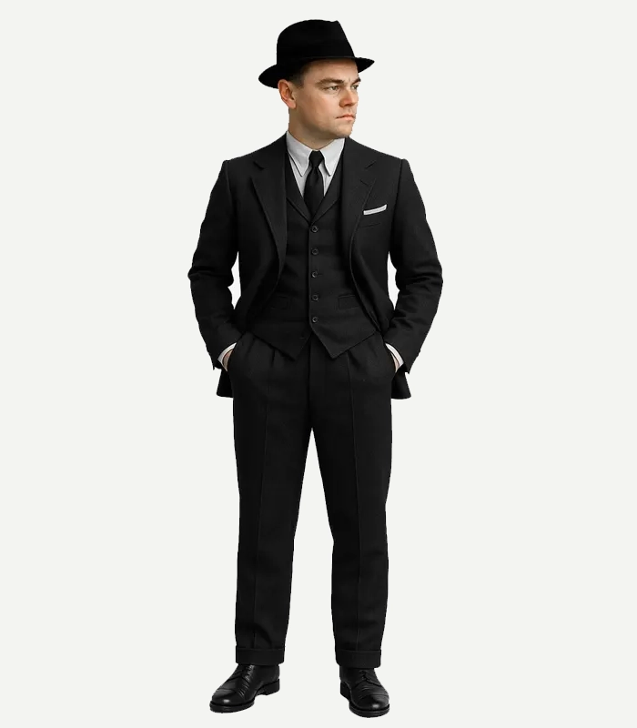 Close up of a Darius Mens Notch Lapel 3 Piece Black Wool Suit showing the soft wool texture and clean stitching.