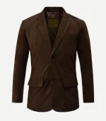 Dark Brown Suede Leather Blazer in a rich chocolate hue featuring a soft-touch finish and a classic two-button front.