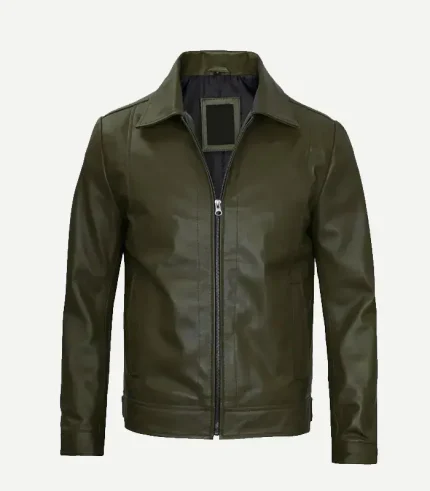 Full frontal view of a dark green leather jacket, fully zipped, featuring a streamlined fit, straight hem, and polished leather texture.