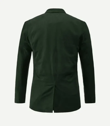 Mens Dark Green Suede Leather Blazer showing a front view with a classic two-button closure and structured shoulders.