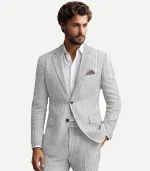 A professional Gray Seersucker Style Suit featuring a classic pinstripe texture and a slim, modern fit.
