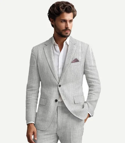 A professional Gray Seersucker Style Suit featuring a classic pinstripe texture and a slim, modern fit.
