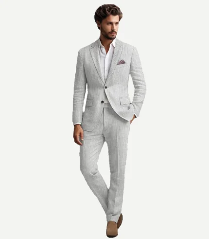 A complete Gray Seersucker Style Suit with matching pants and jacket for a coordinated summer look.