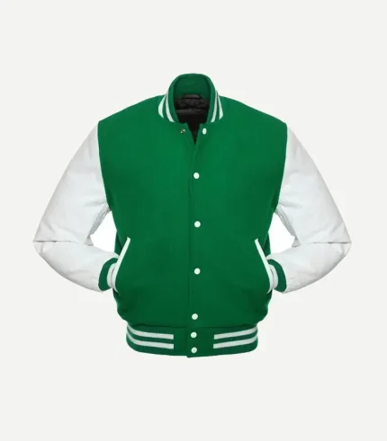 A direct front view of a bright kelly green varsity jacket with white leather sleeves and a white snap-front closure.
