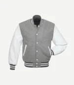 A three-quarter front view of a heather grey varsity jacket with white leather sleeves and a grey-and-white striped ribbed collar.