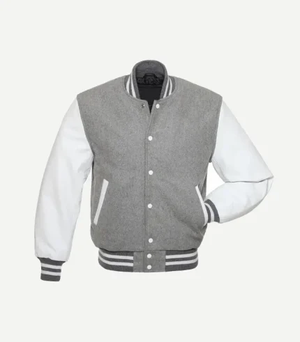 A three-quarter front view of a heather grey varsity jacket with white leather sleeves and a grey-and-white striped ribbed collar.