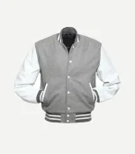 A centered front view of the grey jacket showing the white snap-button closure and white-trimmed pockets.